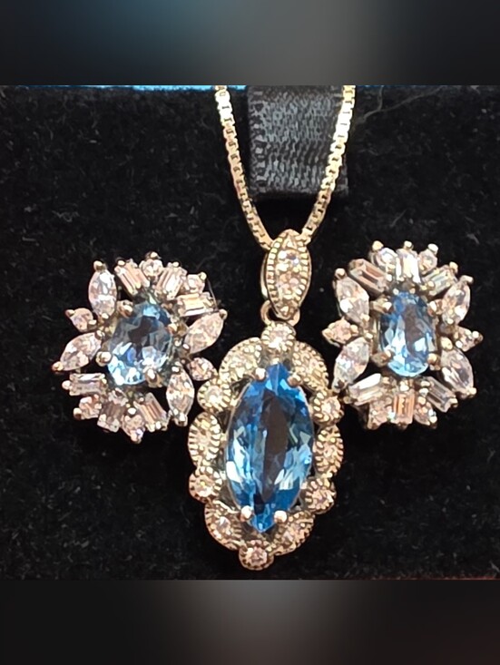 Jewelry - BLUE TOPAZ PENDANT AND EARRINGS SET| 925 Sterling silver 18In